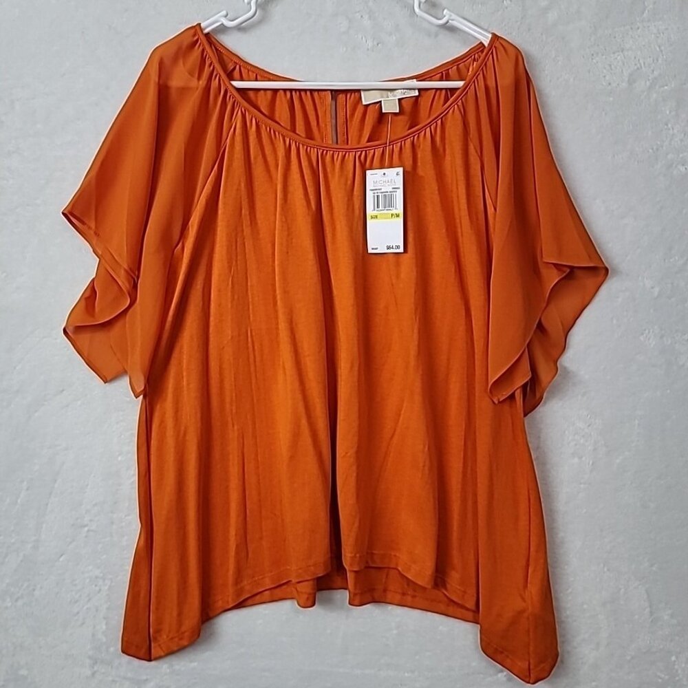 MICHAEL Michael Kors Orange Flutter Sleeve Top Womens PM Petite Med NWT Flawed